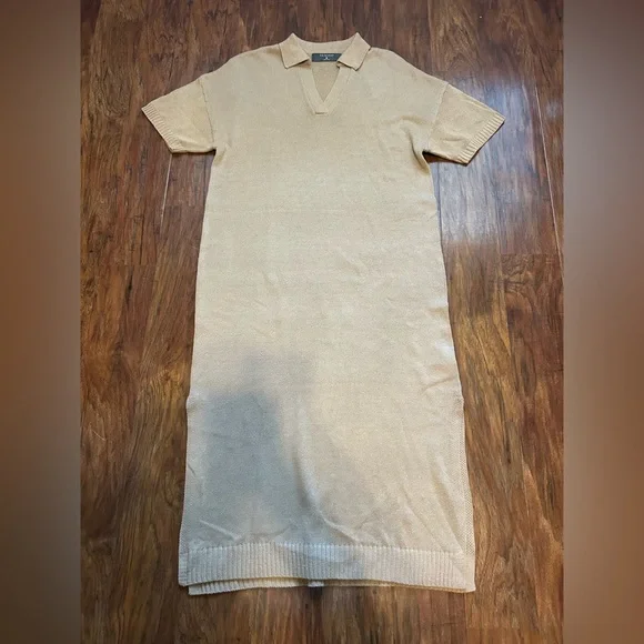 Lightweight Sweater Dress Midi Length In Tan Collar Coastal - Picture 1 of 8